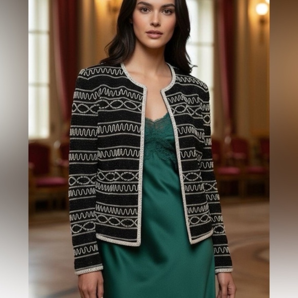 RARE NITELINE Black White Vintage Open Front Geometrically Beaded Jacket Sz: M
